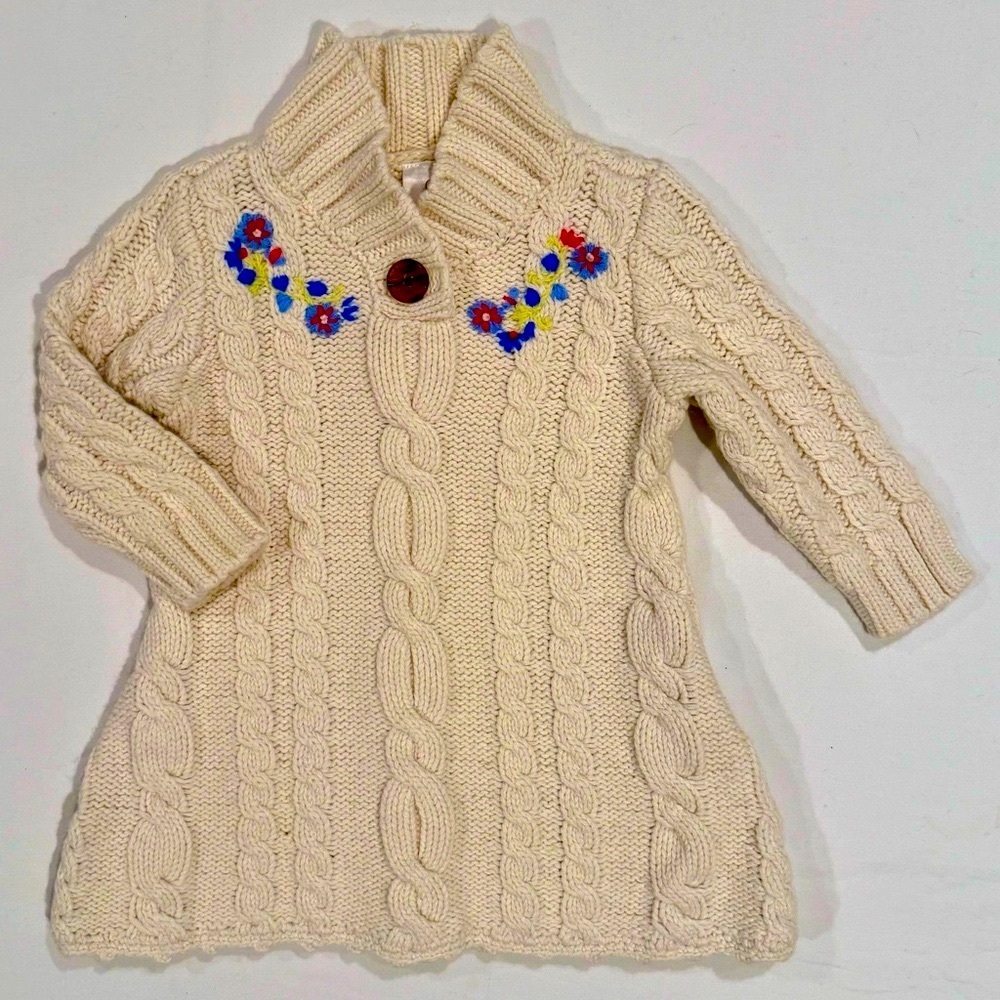 Hanna Andersson Cable Knit Dress Girls 6-12M 70 cm Sweater Embroidered Flowers